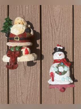 RUSTIC CHRISTMAS STOCKING HANGERS SET OF 2 SANTA AND SNOWMAN